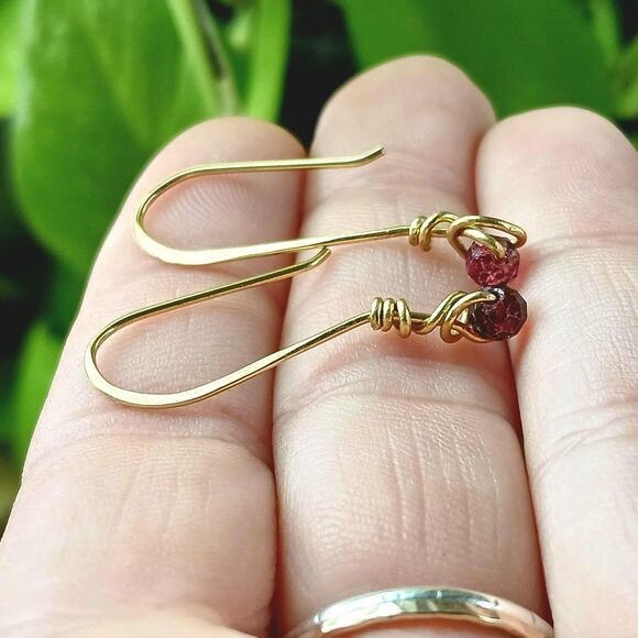 Hammered Dainty Ruby Red Glass Beaded Dangle Earrings, 1.5" - Picture 5 of 7